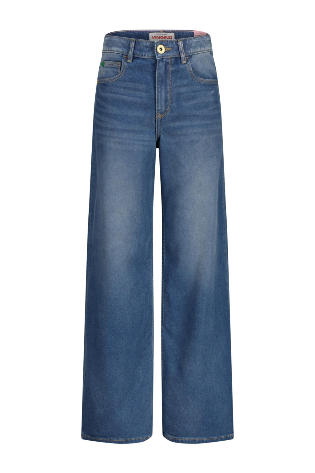 Medium blue denim meisjes Vingino jeans van denim met wijde pijpen, regular waist, rits- en knoopsluiting en effen