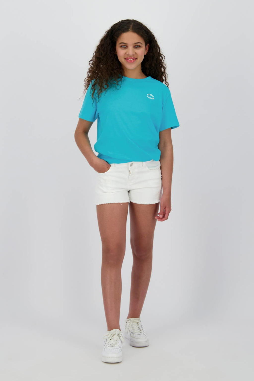 Witte meisjes Raizzed regular short van denim met rits- en knoopsluiting en effen