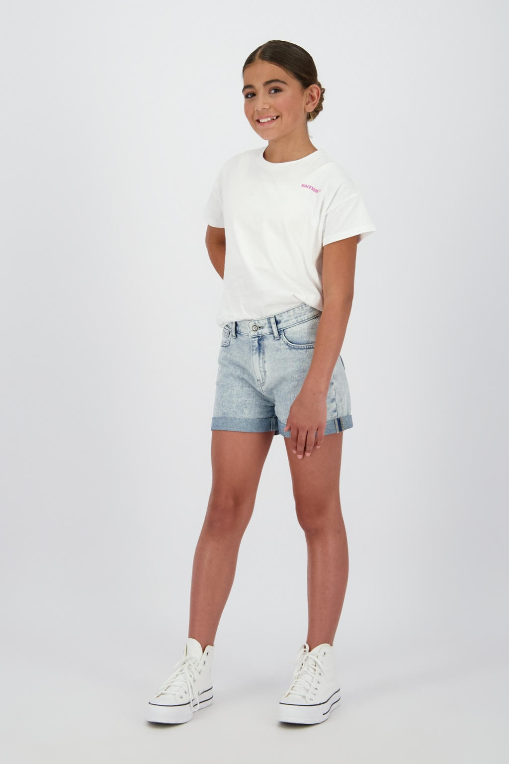 Light blue denim meisjes Raizzed regular short van denim met rits- en knoopsluiting en effen