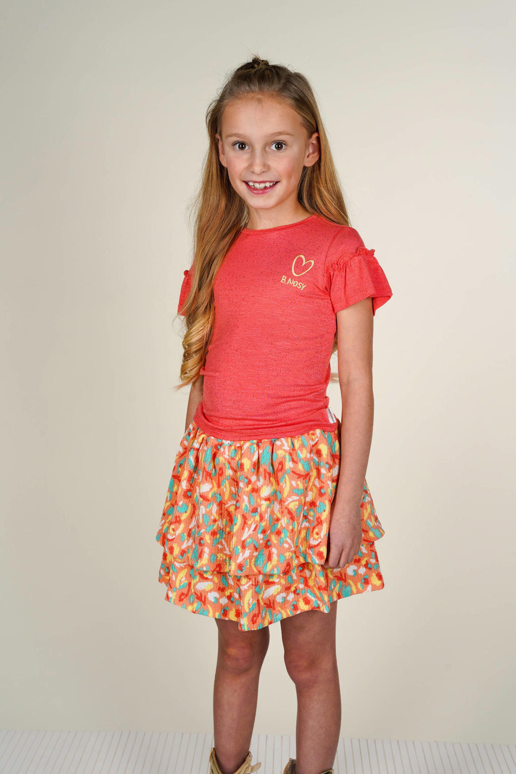 Roze meisjes B.Nosy blousetop van viscose met printopdruk, korte mouwen, ronde hals en ruches