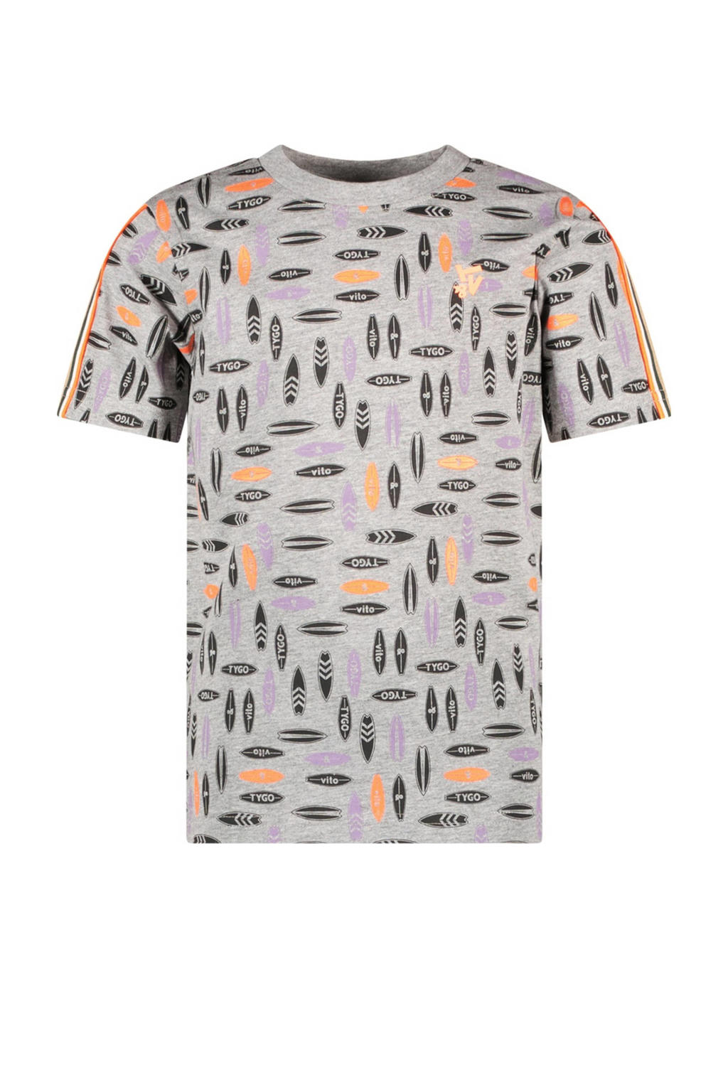 Grijs, zwart en oranje jongens TYGO & vito T-shirt melange van katoen met korte mouwen en ronde hals