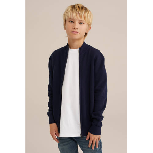 WE Fashion Blue Ridge vest donkerblauw fijn gebreid Jongens Katoen Opstaande kraag - maat 134/140 afbeelding
