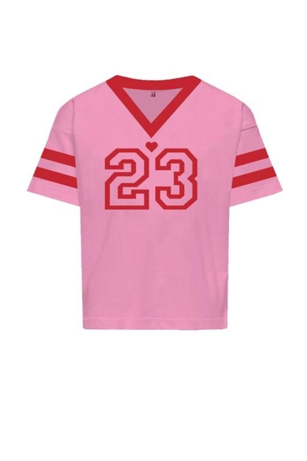 Roze en rode meisjes KIDS ONLY GIRL t-shirt met printopdruk, korte mouwen en V-hals