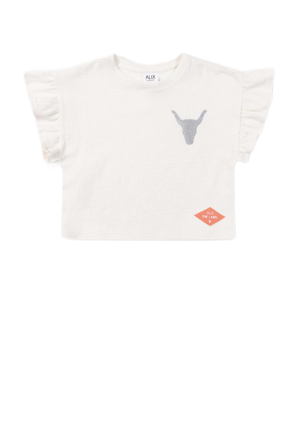 Ecru meisjes Alix Mini T-shirt van katoen met effen, korte mouwen, ronde hals en ruches