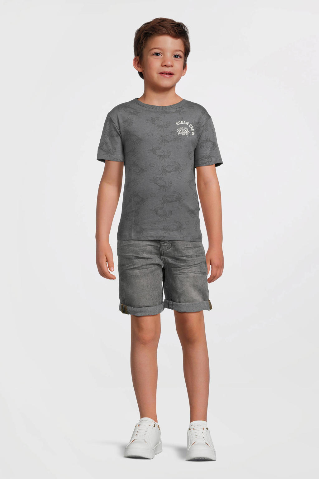 Grijs, donkergrijs en witte jongens DJ Dutchjeans T-shirt van katoen met korte mouwen en ronde hals