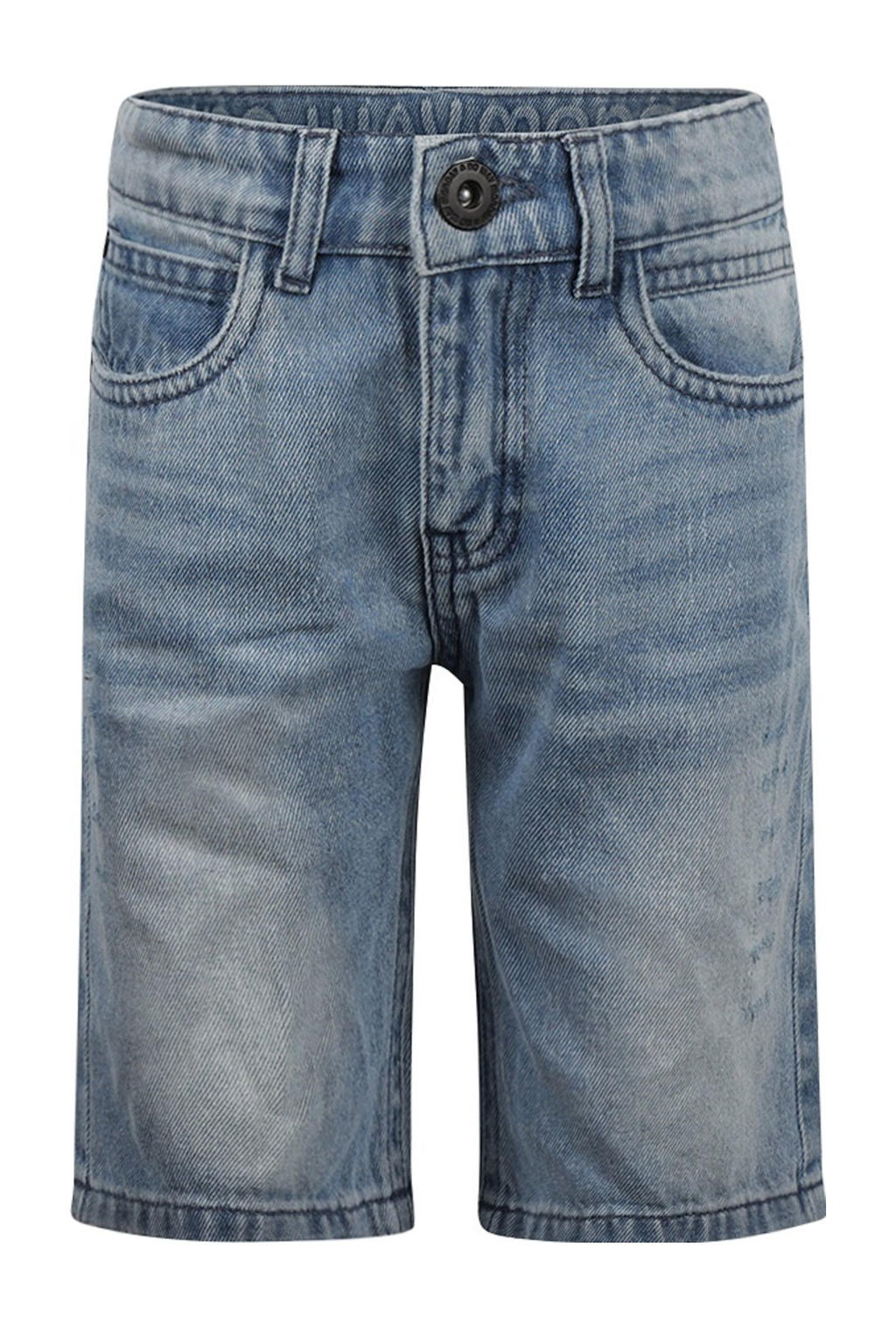 Medium blue denim jongens No Way Monday short van katoen met rits- en knoopsluiting en effen