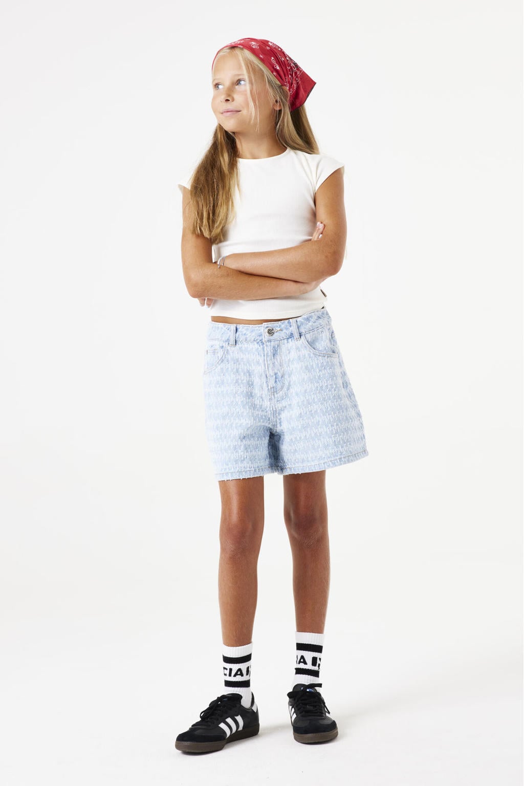 Light blue denim meisjes Garcia regular short van denim met high waist en rits- en knoopsluiting
