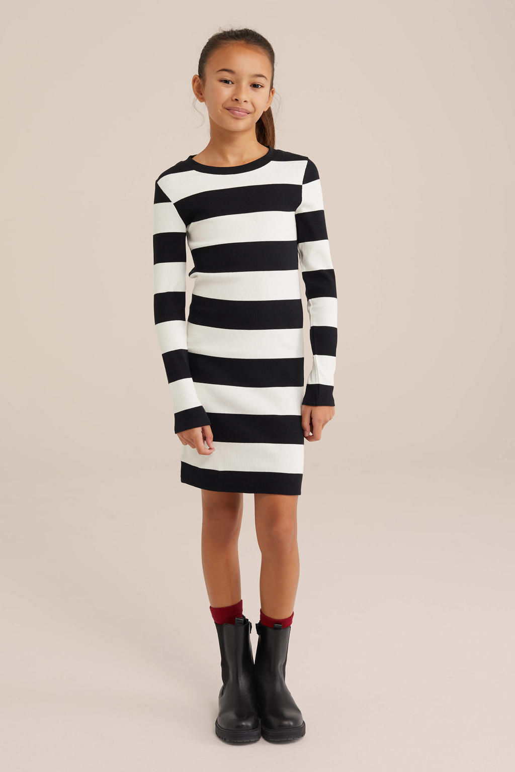 Zwarte meisjes bodycon jurk van stretchkatoen met strepenprint, lange mouwen en ronde hals