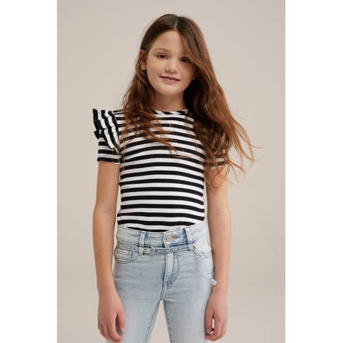 WE Fashion T-shirt zwart/wit Meisjes Stretchkatoen Ronde hals Streep - maat 134/140 afbeelding