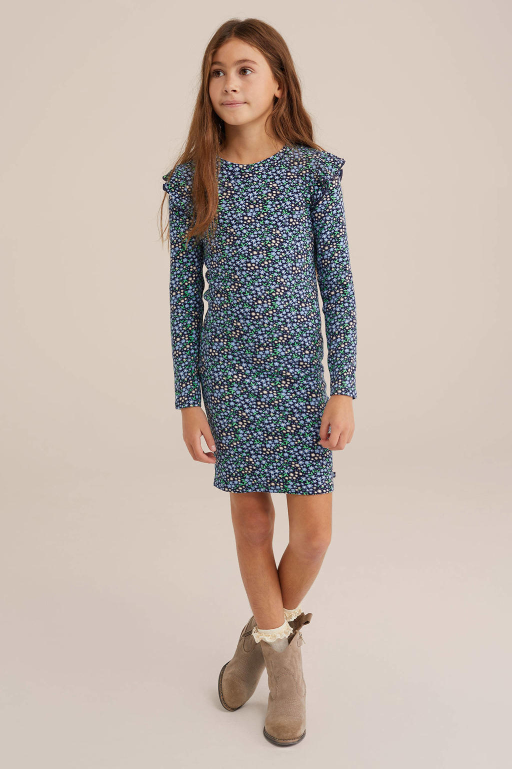 Donkerblauwe meisjes WE Fashion korte jurk van stretchkatoen met bloemenprint, lange mouwen en ronde hals
