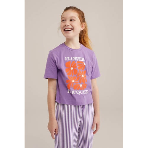 WE Fashion pyjama lila/wit/oranje Paars Meisjes Katoen Ronde hals Printopdruk