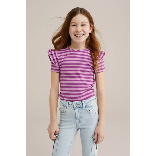 WE Fashion T-shirt roze/paars Meisjes Stretchkatoen Ronde hals Streep - maat 158/164 afbeelding