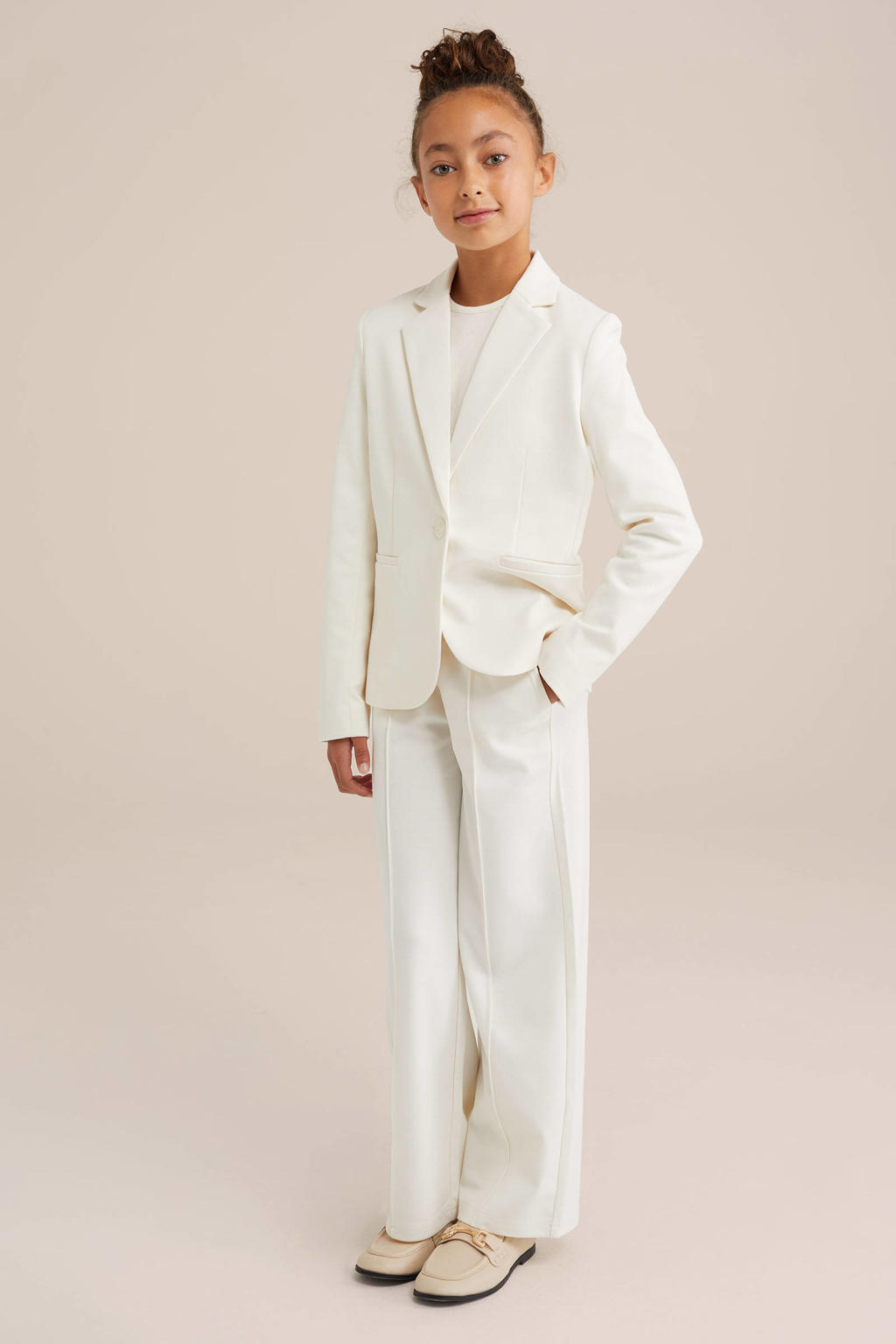 Witte meisjes WE Fashion regular fit blazer van polyester met effen, lange mouwen en V-hals