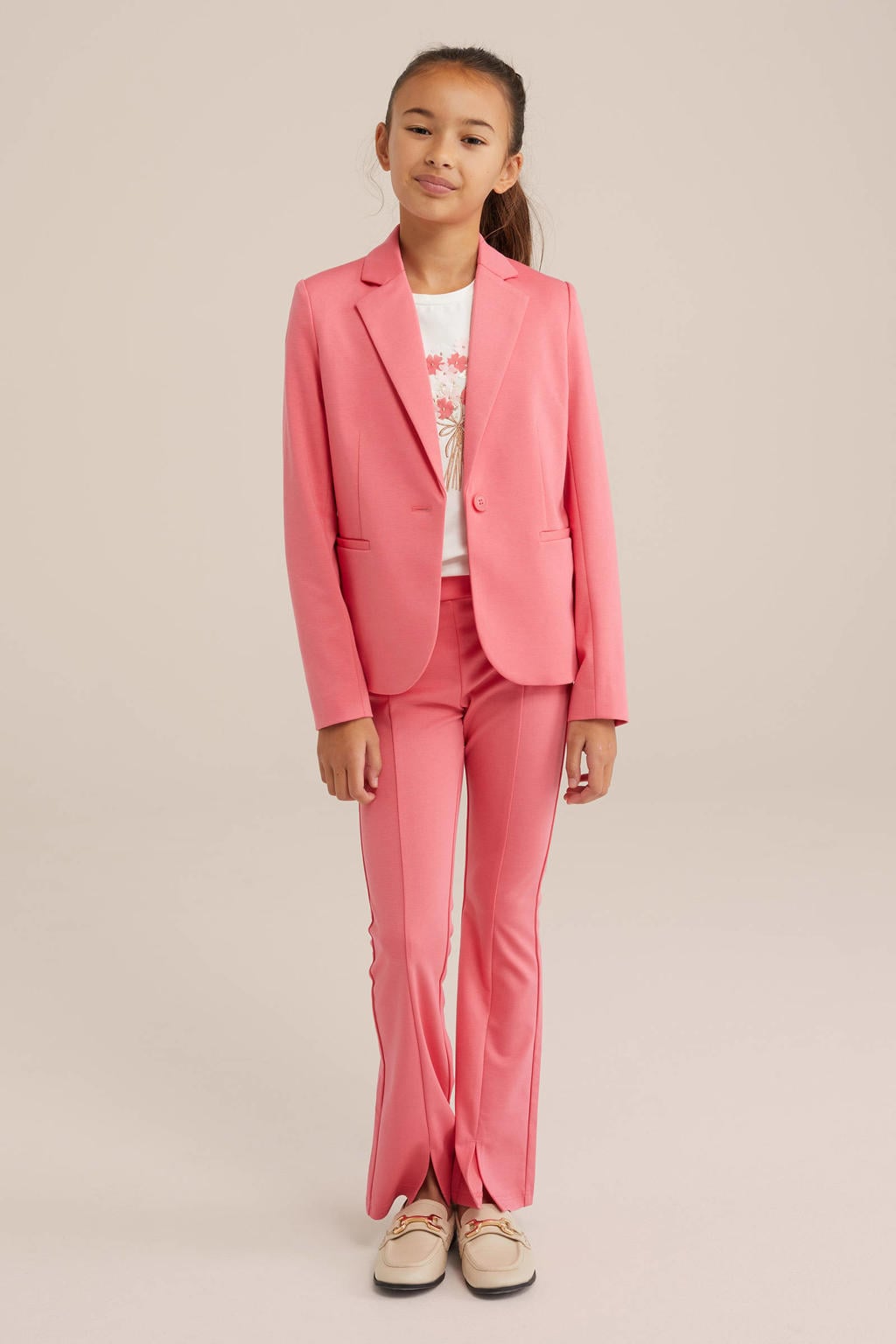 Roze meisjes WE Fashion regular fit blazer van polyester met effen, lange mouwen en V-hals