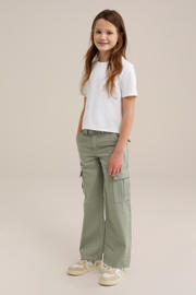 thumbnail: Groene meisjes WE Fashion Blue Ridge loose cargo broek van katoen met rits- en knoopsluiting en effen