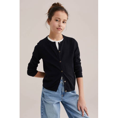 WE Fashion vest zwart fijn gebreid Meisjes Katoen Ronde hals Effen - maat 110/116 afbeelding