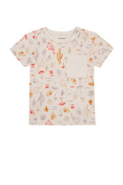 thumbnail: Beige, rood en paarse jongens Noppies baby T-shirt van stretchkatoen met korte mouwen, ronde hals en drukknoopsluiting