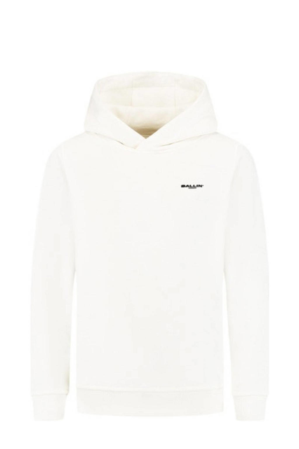 Witte jongens Ballin sweater van katoen met effen, lange mouwen, capuchon en geribde boorden