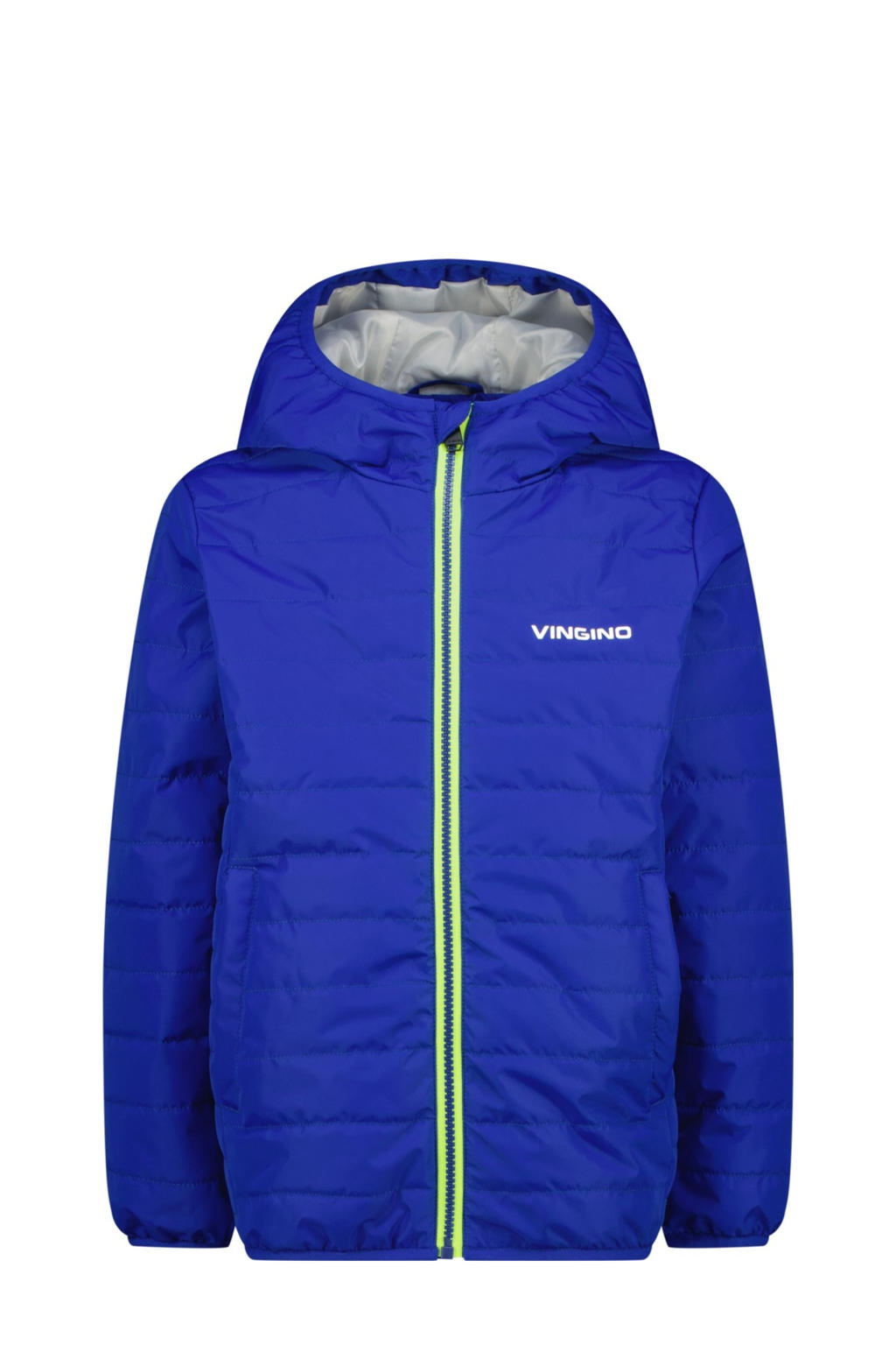 Blauwe jongens Vingino jack van nylon met logo dessin, lange mouwen, capuchon en ritssluiting