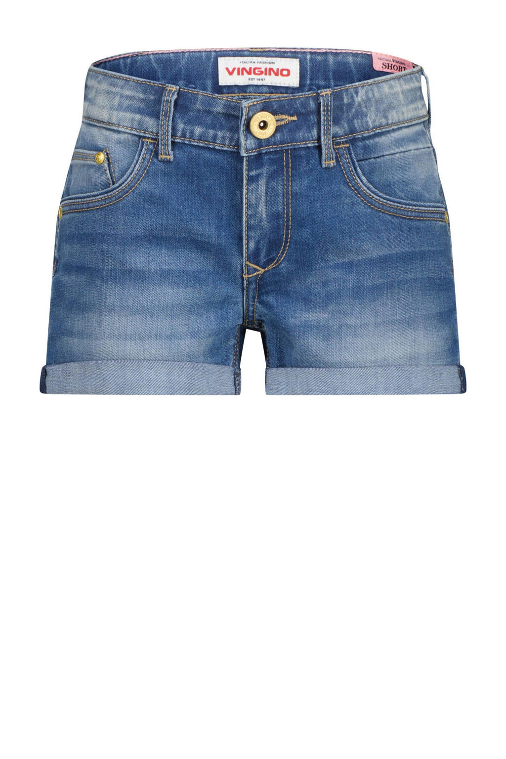 Medium blue denim meisjes Vingino regular short van denim met rits- en knoopsluiting en effen