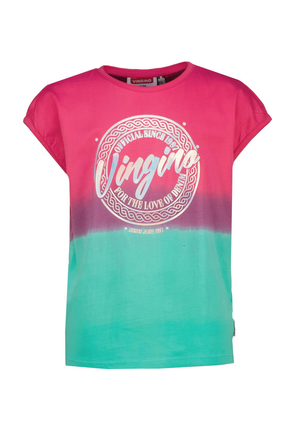 Roze en mintgroene meisjes Vingino T-shirt van katoen met tie-dye effect en ronde hals