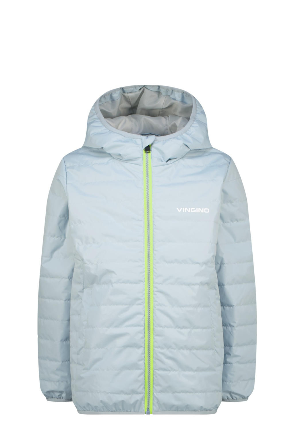 Lichtblauwe jongens Vingino jack van nylon met logo dessin, lange mouwen, capuchon en ritssluiting