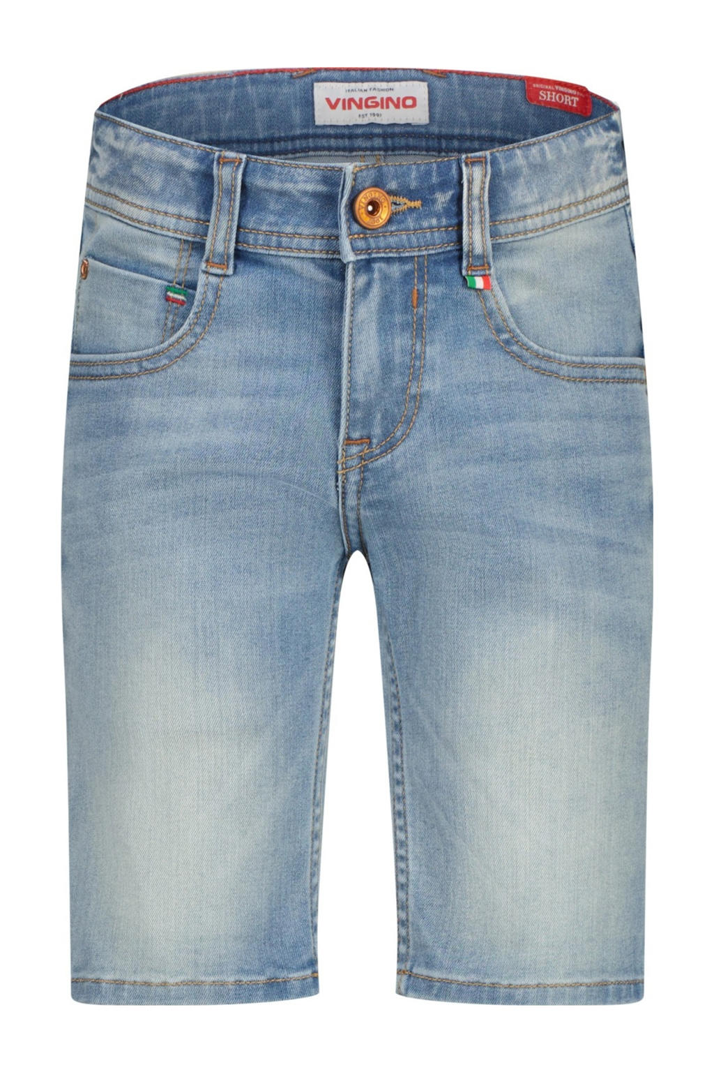 Light blue denim jongens Vingino regular short van denim met rits- en knoopsluiting en effen
