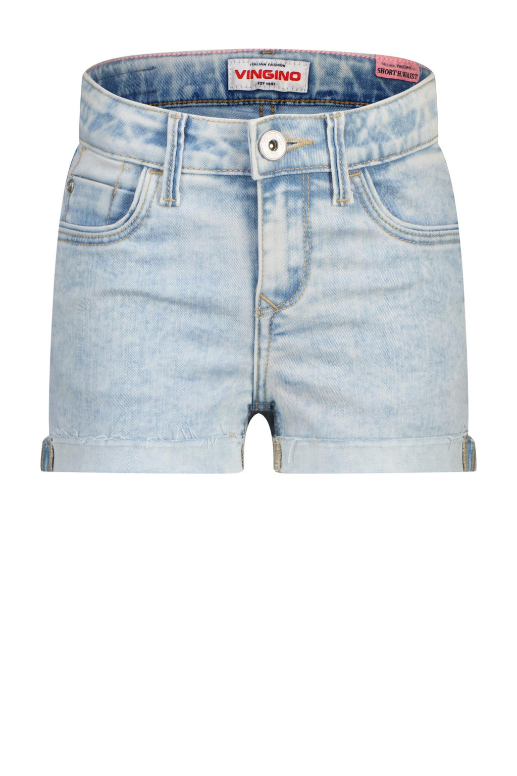 Light blue denim jongens Vingino regular short van denim met high waist, rits- en knoopsluiting en effen