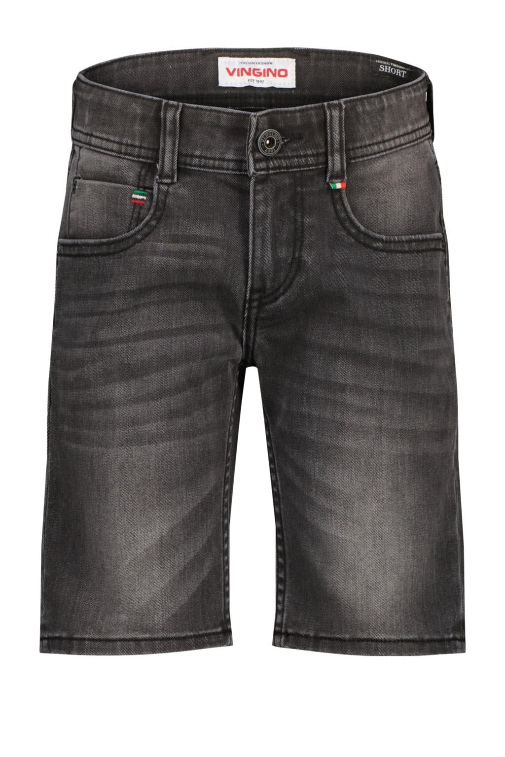 Grey denim jongens Vingino regular short van denim met rits- en knoopsluiting en effen