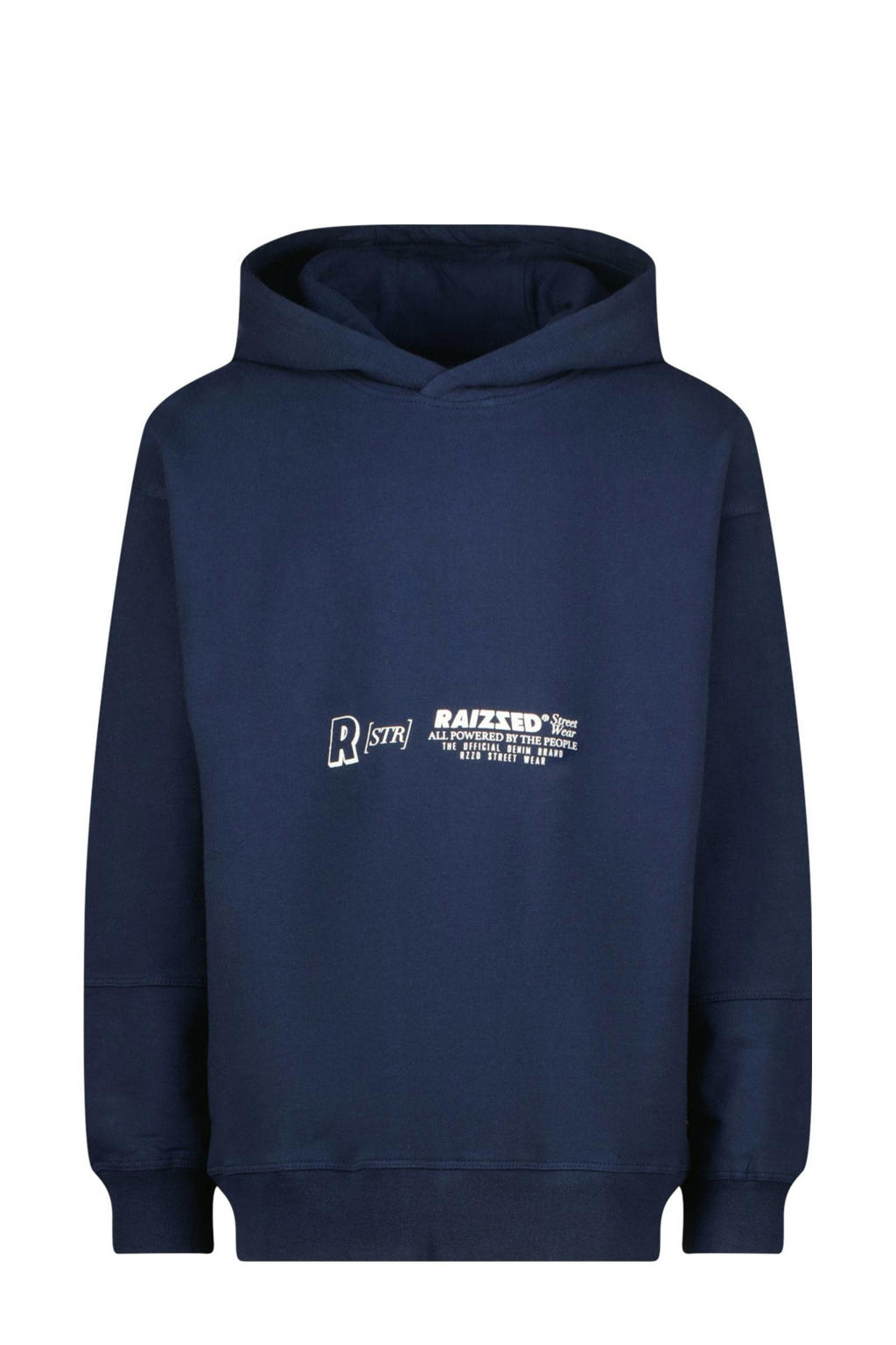 Donkerblauwe jongens Raizzed hoodie van sweat materiaal met printopdruk, lange mouwen, capuchon en geribde boorden