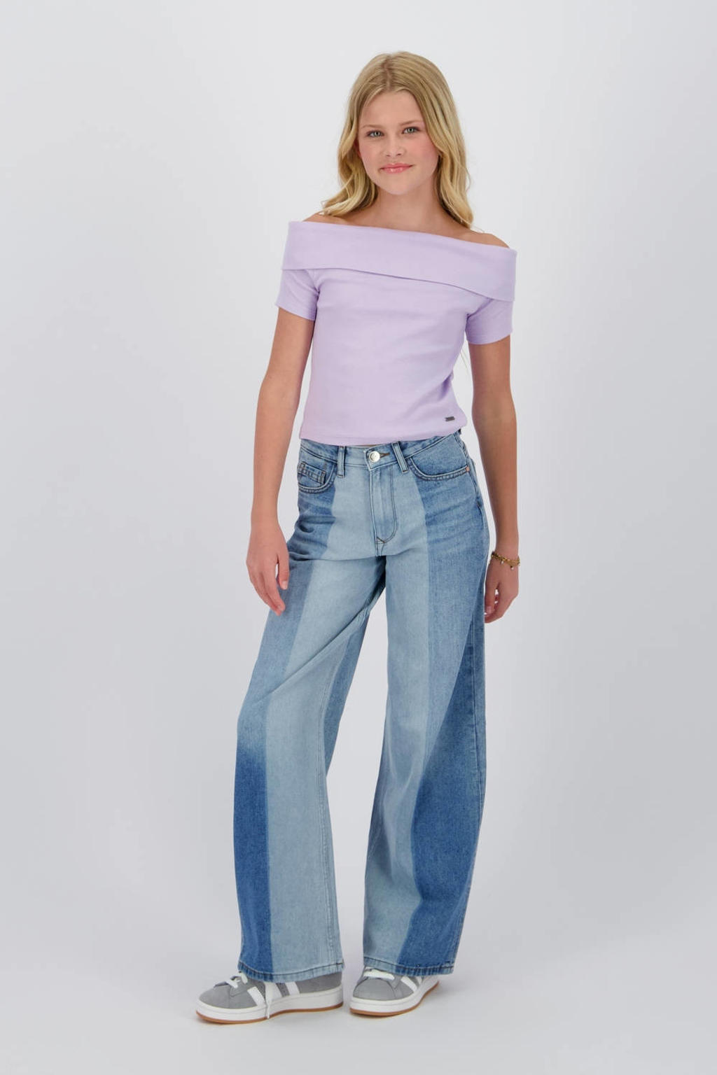 Lilakleurige meisjes Raizzed off shoulder top van katoen met effen en korte mouwen