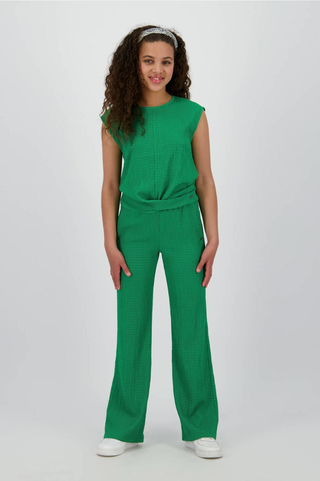 Groene meisjes Raizzed loose casual broek van polyester met regular waist, elastische tailleband en effen