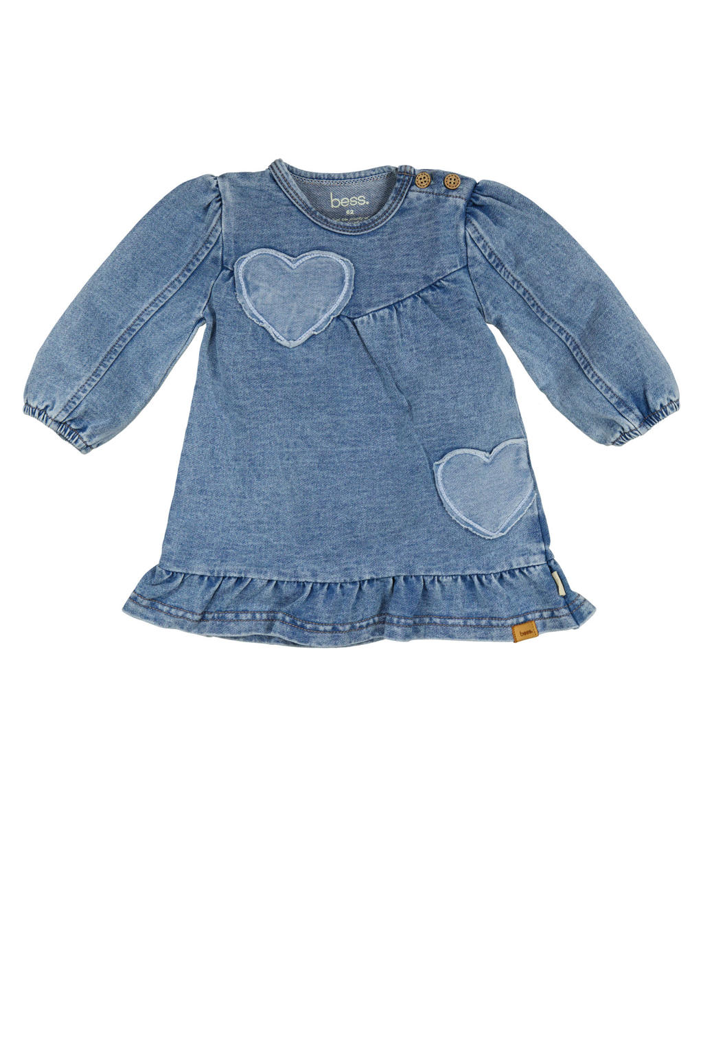 Blauwe meisjes BESS spijkerjurk van jog denim met effen, lange mouwen, ronde hals en 3D applicatie