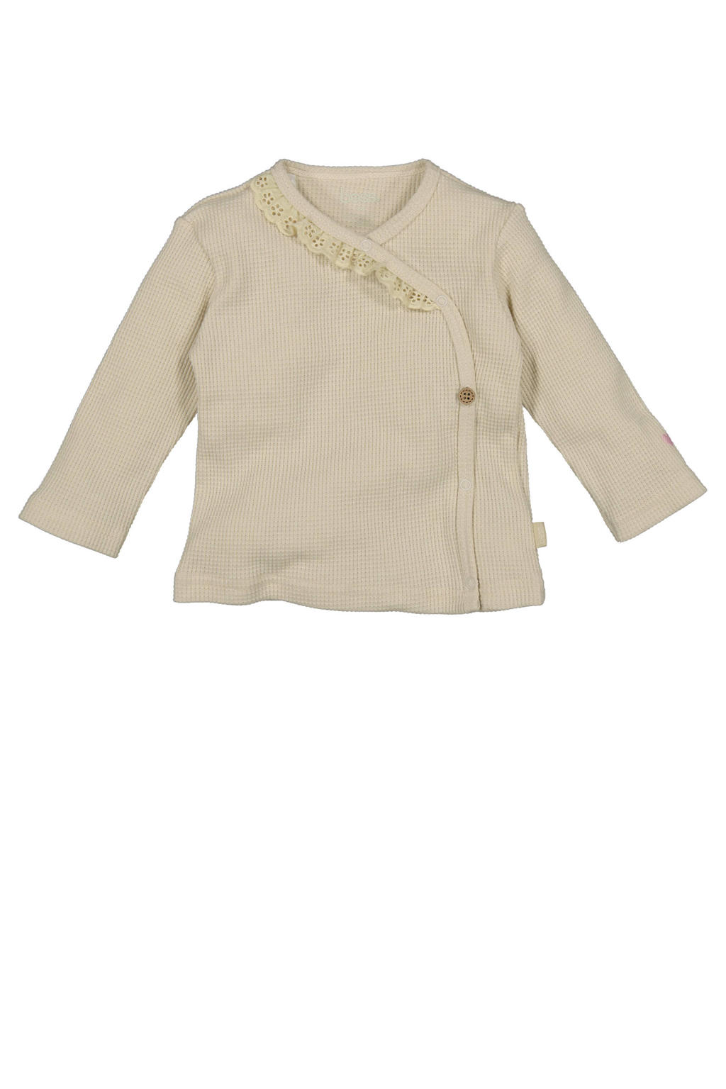 Beige meisjes BESS longsleeve van sweat materiaal met effen, lange mouwen, ronde hals en overslag detail
