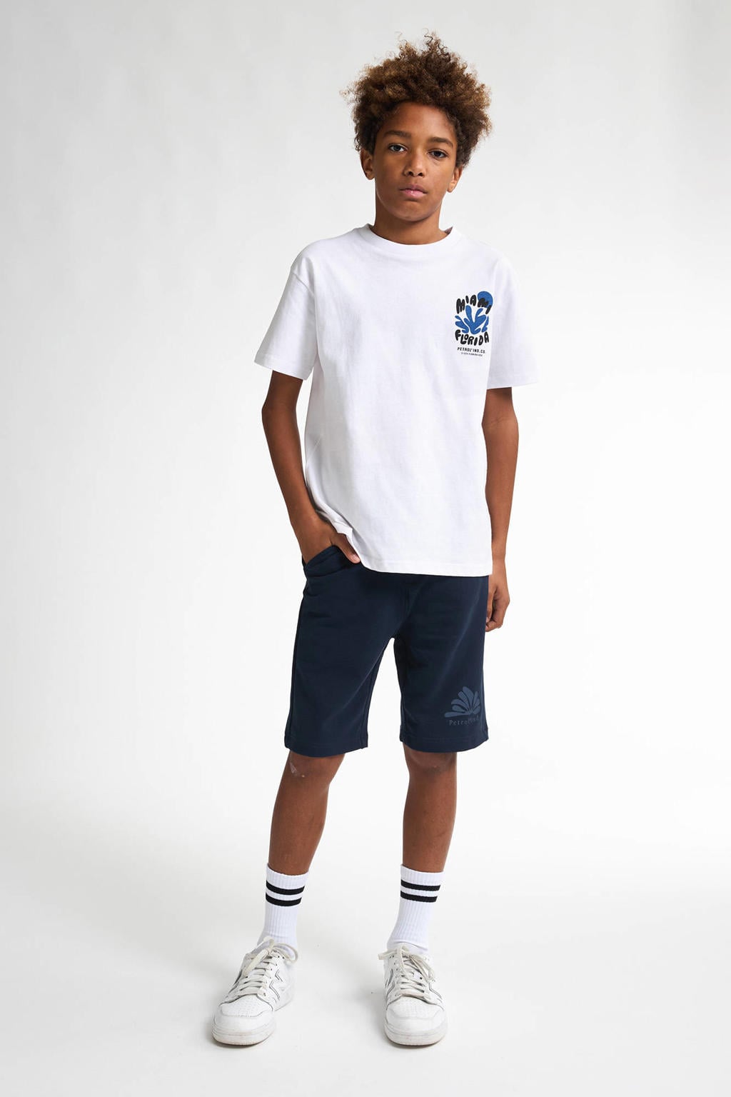 Blauwe jongens Petrol Industries sweatshort van katoen met elastische tailleband met koord en effen