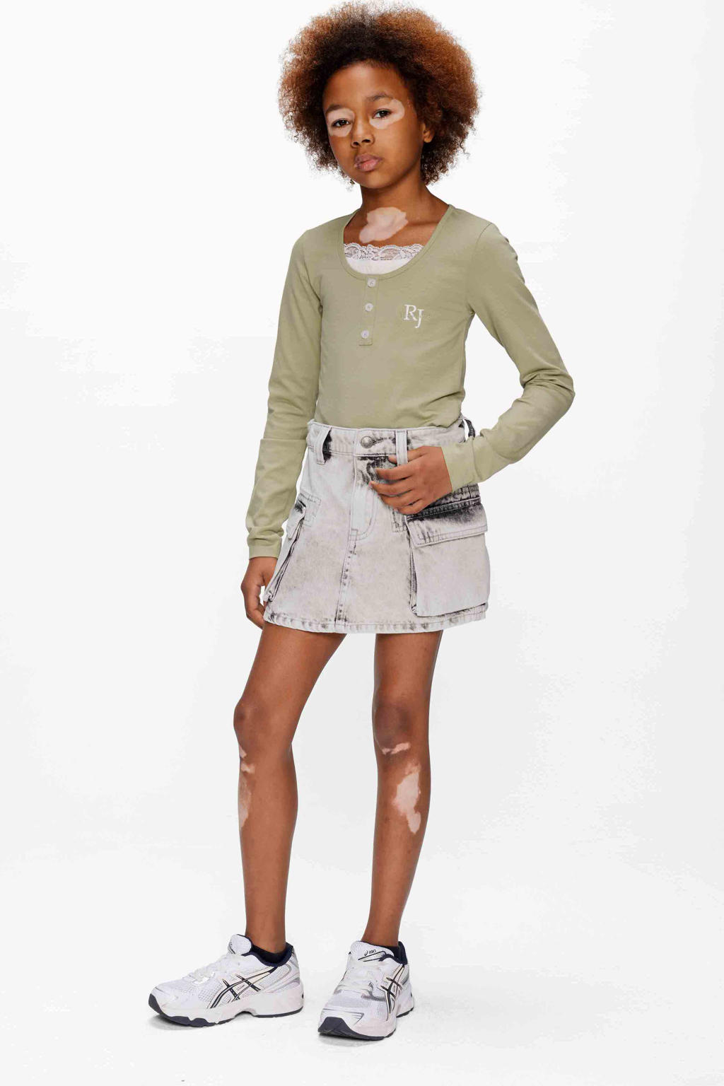 Grey denim meisjes Retour Jeans spijkerrok gemaakt van denim en met rits- en knoopsluiting