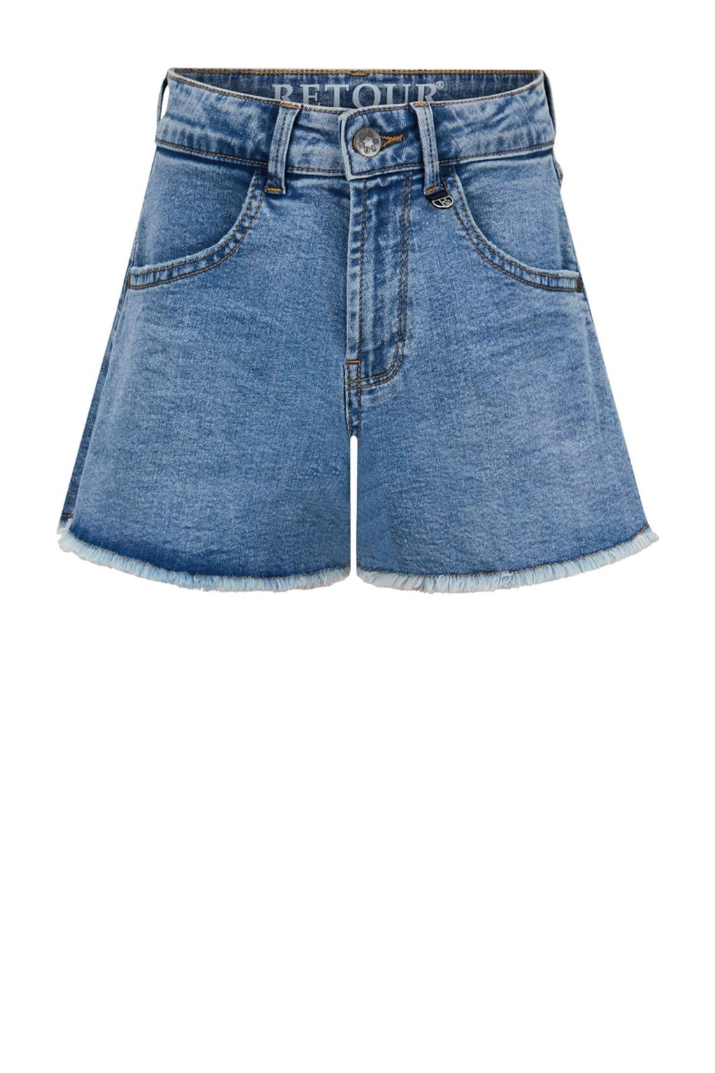 Medium blue denim meisjes Retour Jeans loose short van stretchdenim met rits- en knoopsluiting en effen
