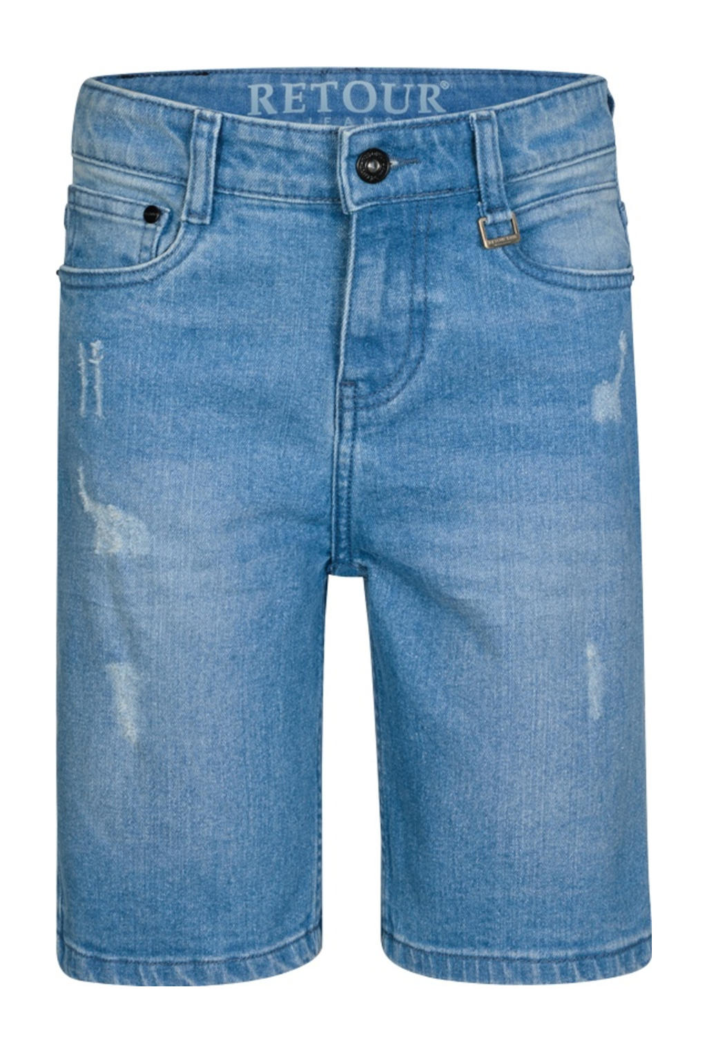 Medium blue denim jongens Retour Jeans loose short van stretchdenim met rits- en knoopsluiting en effen