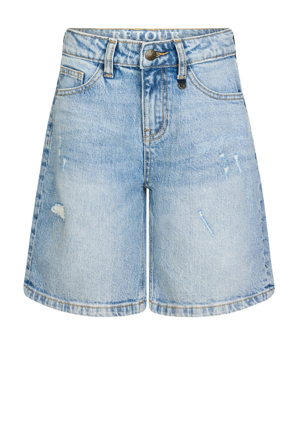 Medium blue denim meisjes Retour Jeans loose short van stretchdenim met rits- en knoopsluiting en effen