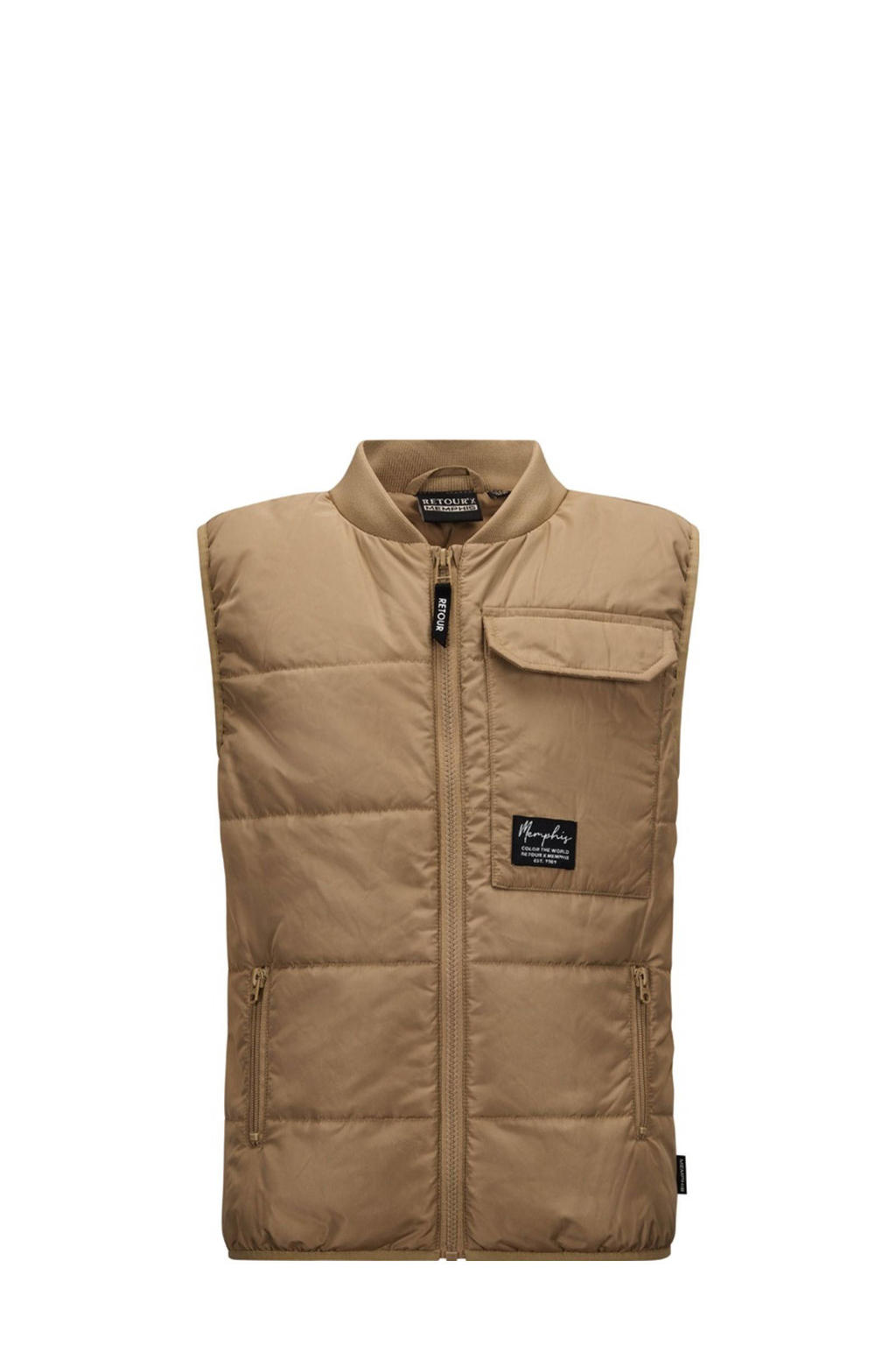 Lichtbruine jongens Retour Jeans X Memphis bodywarmer van polyester met backprint, ronde hals en ritssluiting