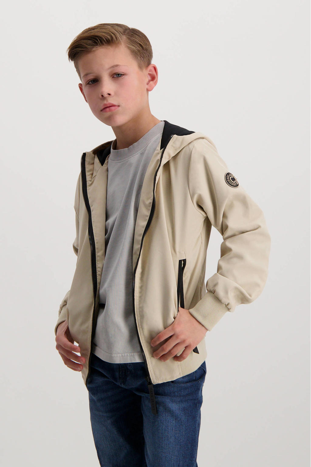 Beige jongens Cars zomerjas van polyester met effen, lange mouwen, capuchon, ritssluiting en geribde boorden