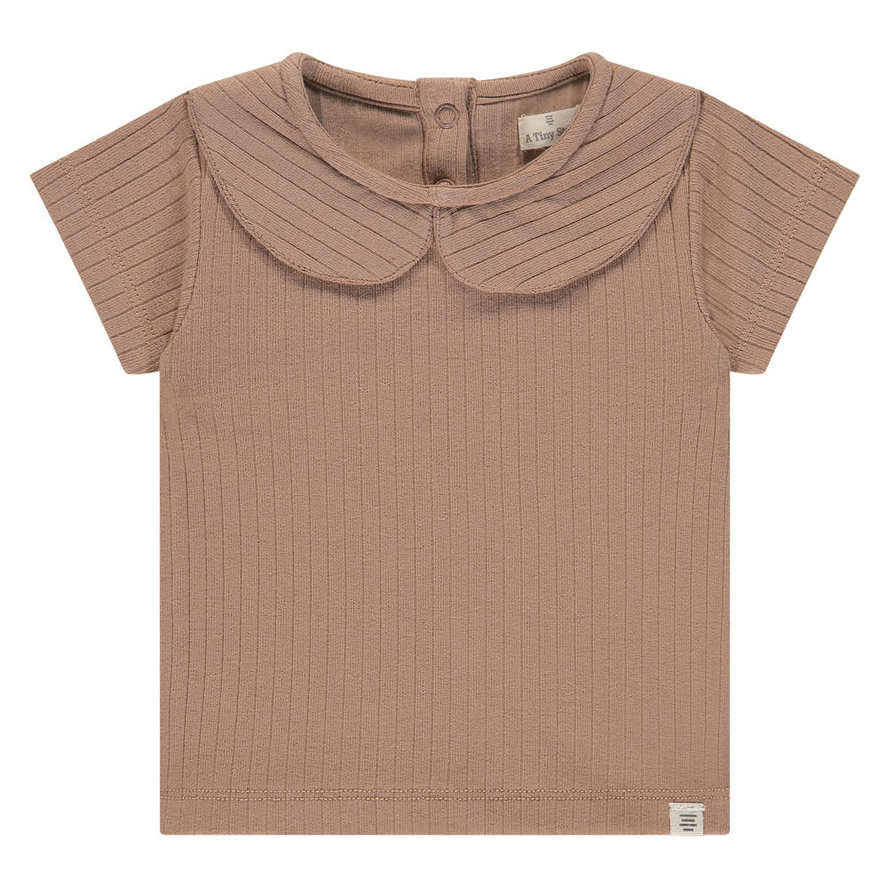 Roze meisjes A Tiny Story T-shirt van stretchkatoen met effen, korte mouwen, peter pan-kraag en drukknoopsluiting