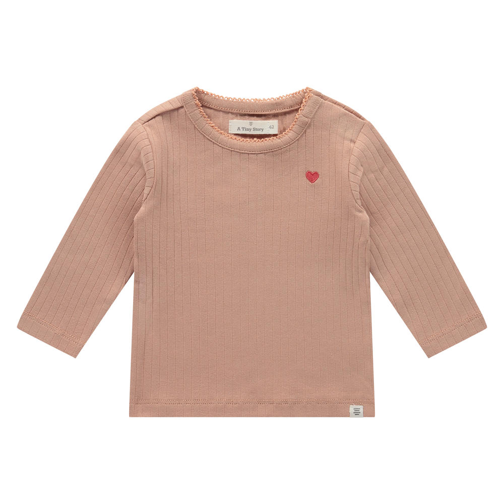 Oudroze meisjes A Tiny Story longsleeve van stretchkatoen met effen, korte mouwen, ronde hals, drukknoopsluiting en textuur