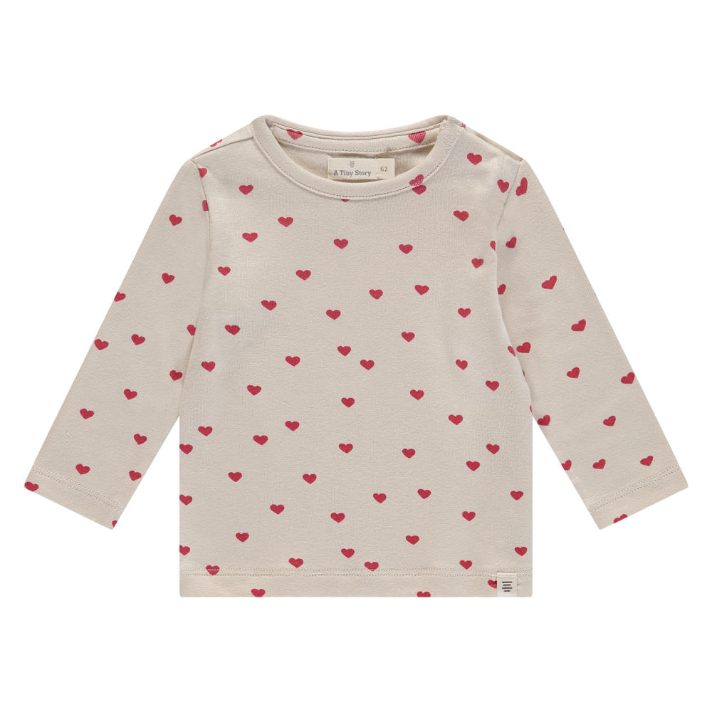 Ecru en rode meisjes A Tiny Story longsleeve van stretchkatoen met korte mouwen, ronde hals en drukknoopsluiting