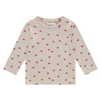 thumbnail: Ecru en rode meisjes A Tiny Story longsleeve van stretchkatoen met korte mouwen, ronde hals en drukknoopsluiting