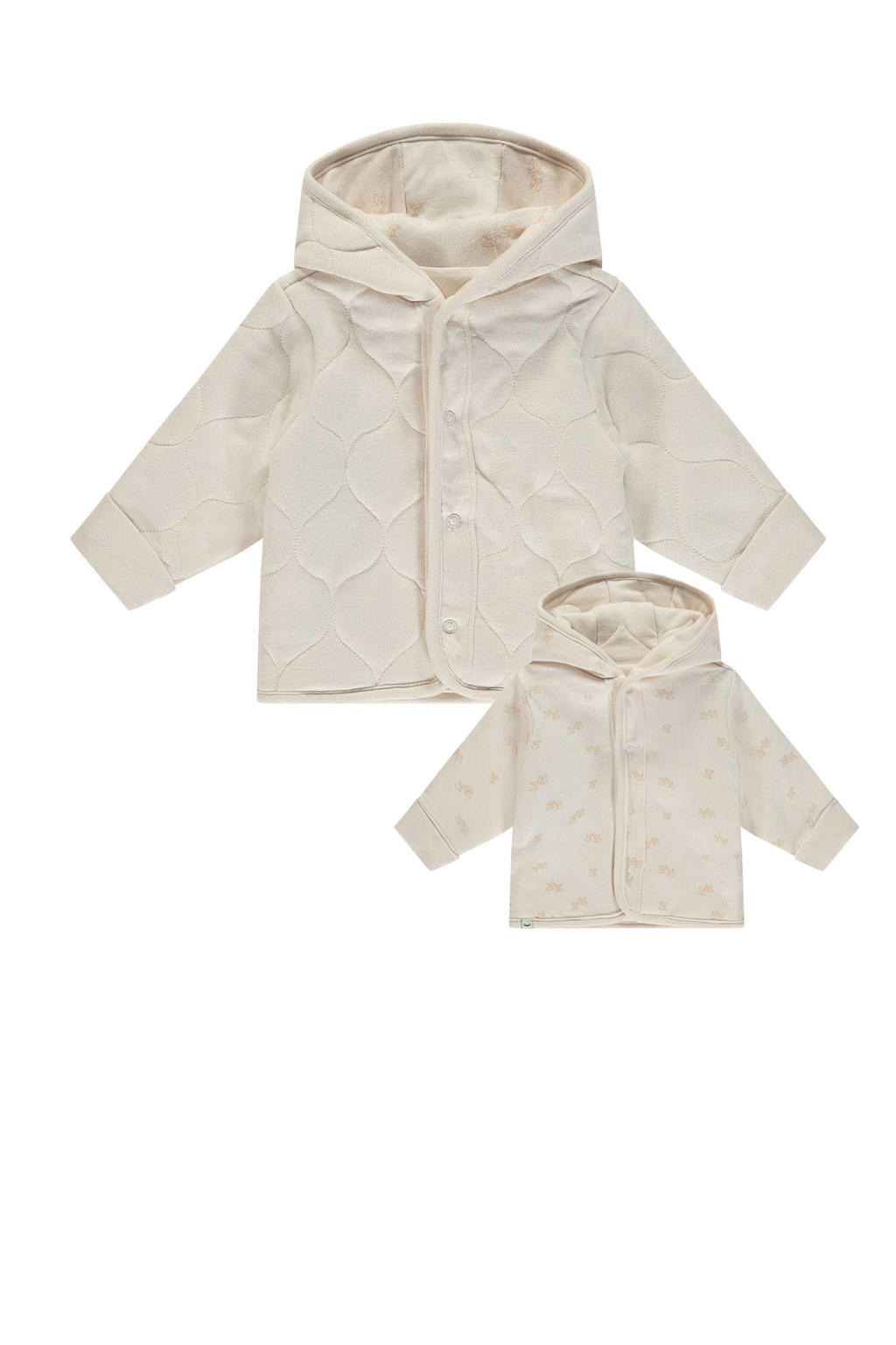 Ecru en beige jongens en meisjes Babyface reversible jas van stretchkatoen met lange mouwen, capuchon, drukknoopsluiting en quilted