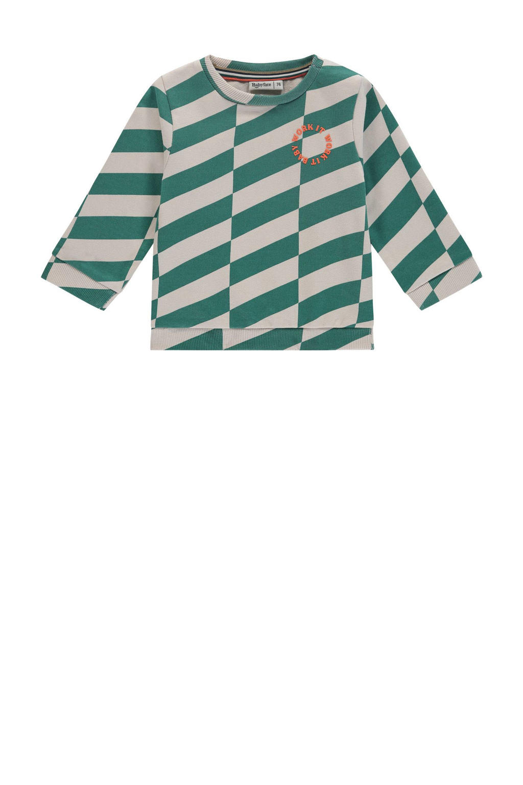 Groen en ecru jongens Babyface longsleeve van sweat materiaal met lange mouwen, ronde hals en drukknoopsluiting
