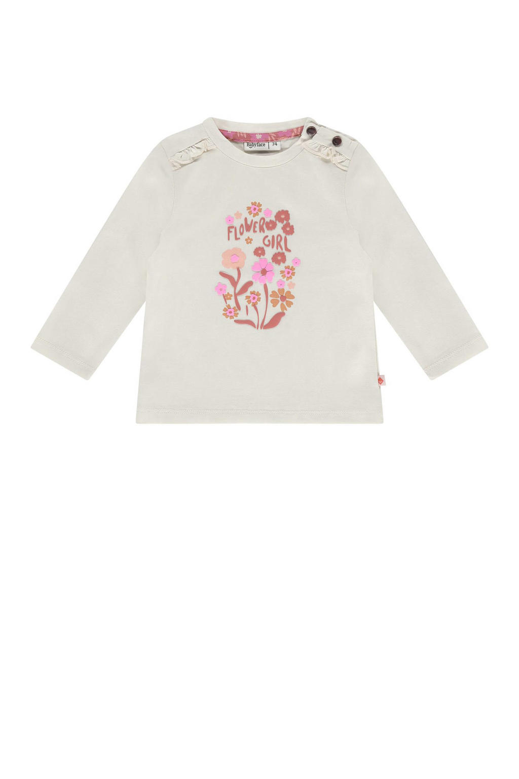 Ecru en roze meisjes Babyface longsleeve van stretchkatoen met printopdruk, lange mouwen, ronde hals, drukknoopsluiting en ruches
