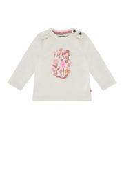 thumbnail: Ecru en roze meisjes Babyface longsleeve van stretchkatoen met printopdruk, lange mouwen, ronde hals, drukknoopsluiting en ruches