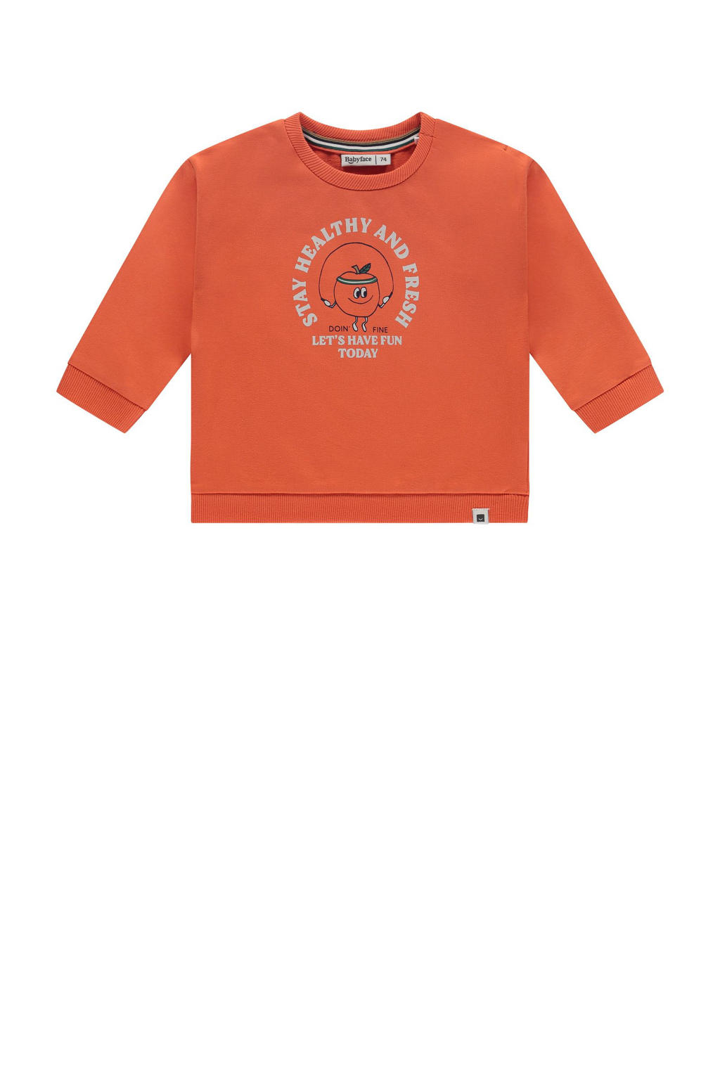 Oranje jongens Babyface longsleeve van sweat materiaal met printopdruk, lange mouwen, ronde hals en drukknoopsluiting